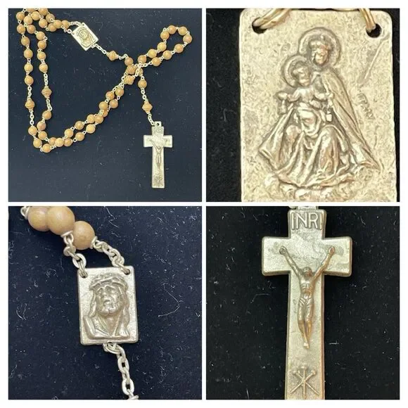 Vintage Italian Relic Rosary Wood Beads Crucifix Mt Calvary Soil St Joseph 21" - Picture 2 of 10